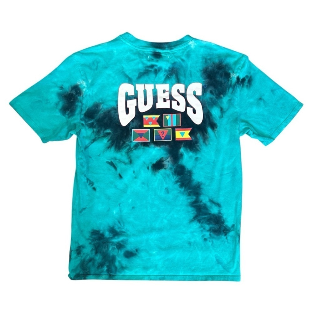 GUESS Originals Tie-Dye Short Sleeve Flag Graphic Tee in Blue Men’s XS - Picture 2 of 5